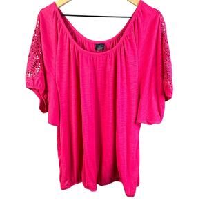 Pink Lace Shoulder Top 1X Flutter Sleeve Flowy‎ Plus Size Casual Boho Feminine